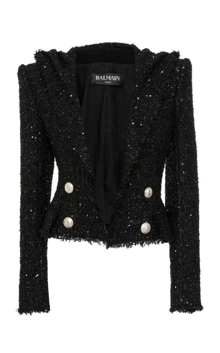 Balmain Cropped Hooded Tweed Jacket