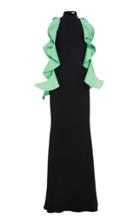 Christian Siriano Silk Faille Black High Collar Gown With Grass Green Cascading Flounce Detail