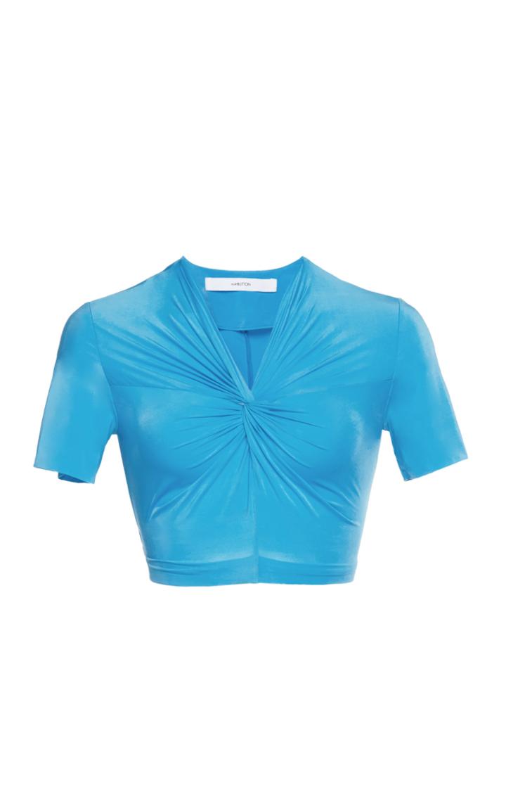 Pushbutton Gathered V-neck Crepe De Chine Crop Top
