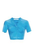 Pushbutton Gathered V-neck Crepe De Chine Crop Top
