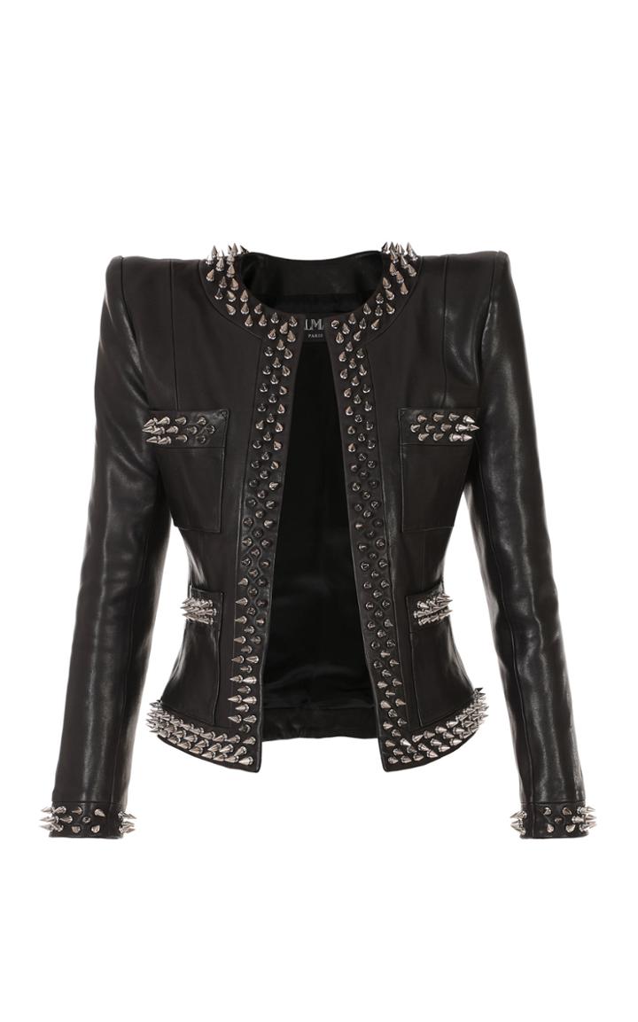 Balmain Collarless Spike-trimmed Leather Jacket
