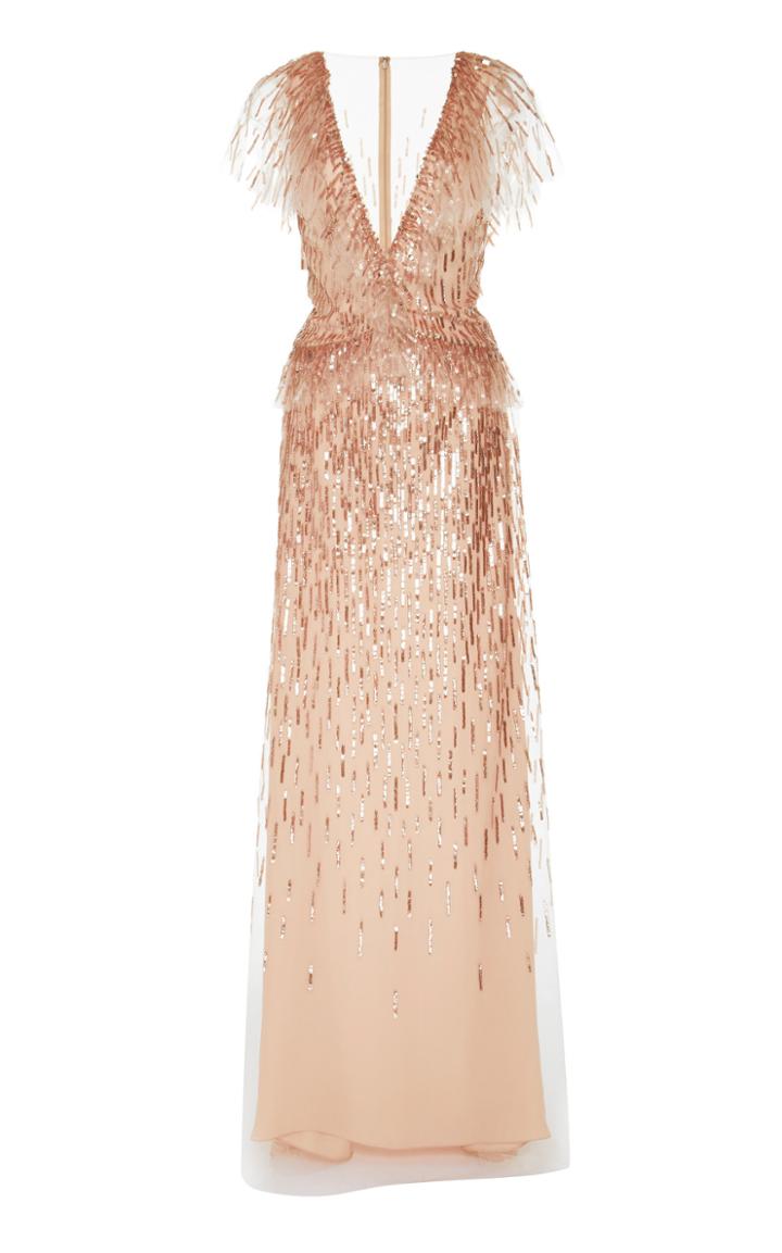 Monique Lhuillier Embellished Georgette Flutter Sleeve Gown