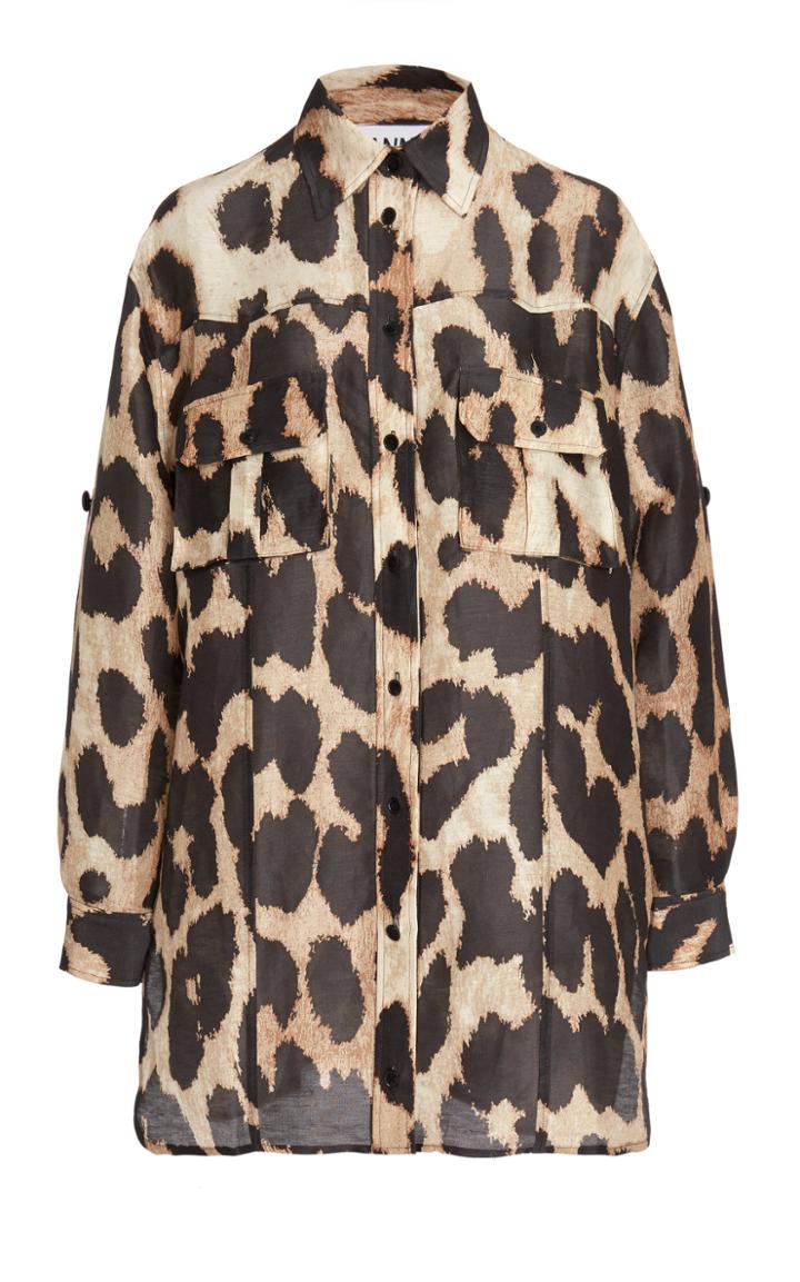 Ganni Leopard-print Linen And Silk-blend Top