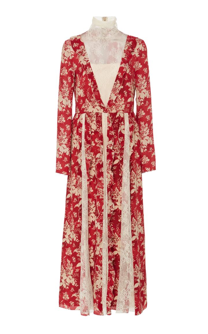 Red Valentino Lace-paneled Ruffled Silk Maxi Dress