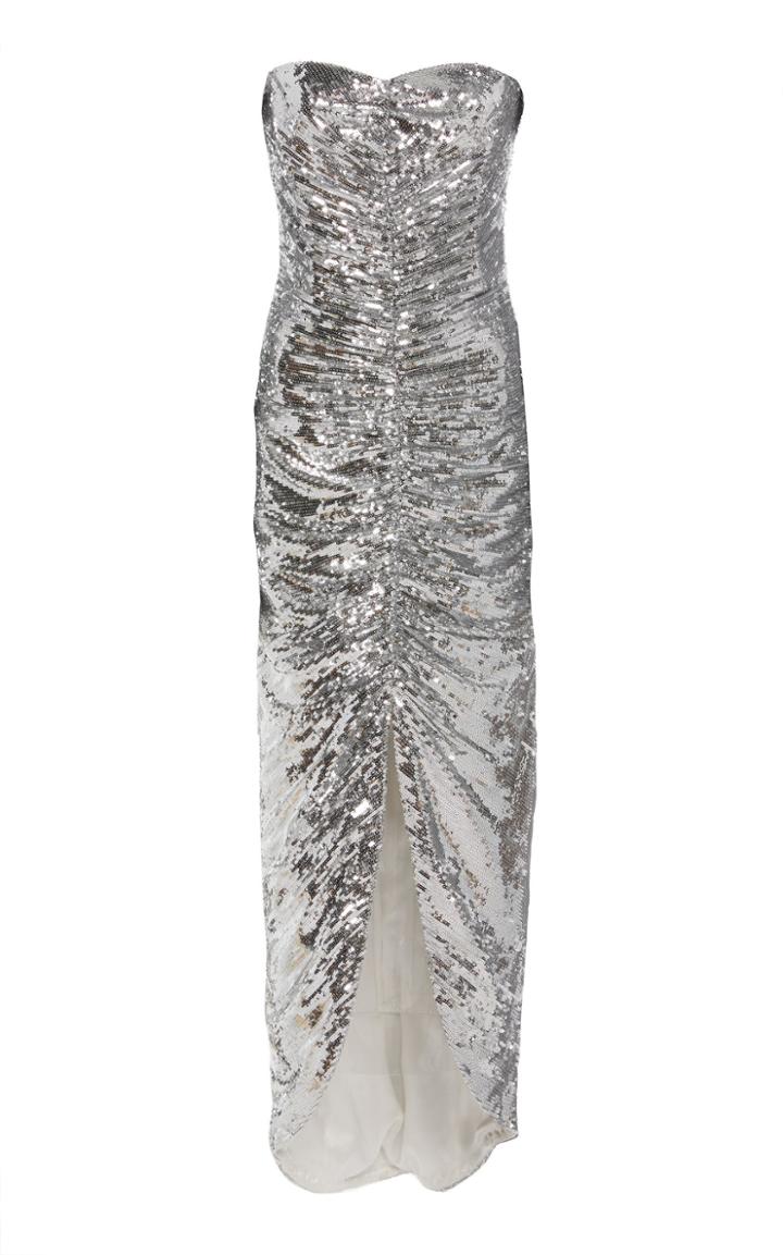 Rodarte Ruched Strapless Sequined Midi Dress