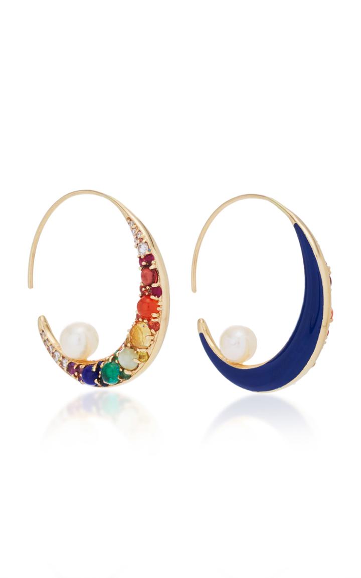 Noor Fares Navratna Large Moon Tribal Earrings In Yellow Gold With Various Coloured Stones & Diamonds