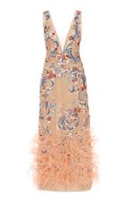 Marchesa Feather-trimmed Floral-embroidered Tulle Midi Dress