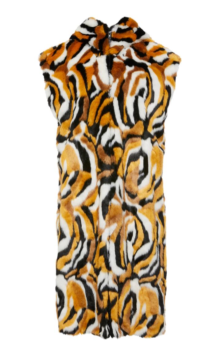 Anna Sui Marbled Tigress Faux Fur Midi Hooded Vest