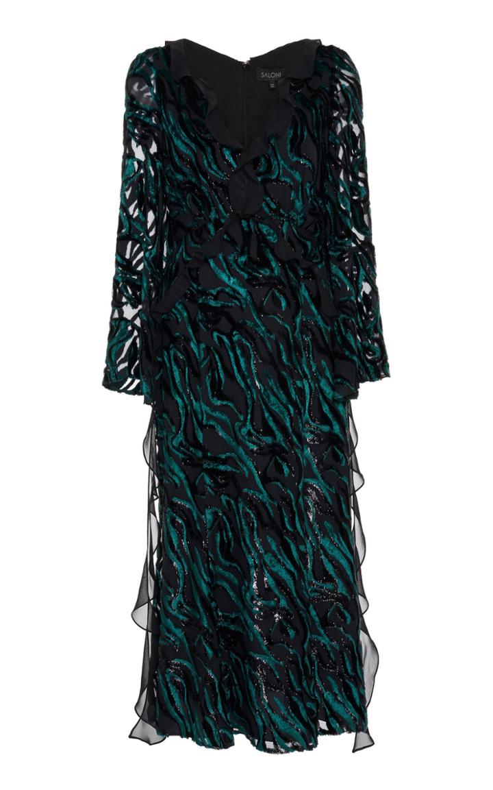 Saloni Tatiana Embellished Forest Print Midi Dress