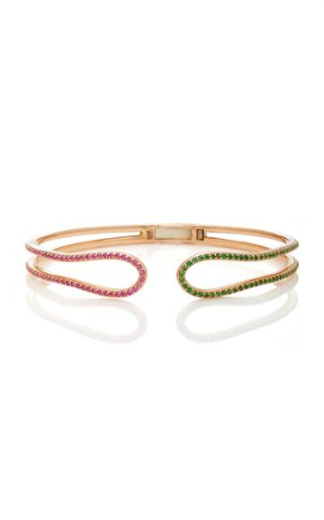 Sabine Getty Rose Gold Hinged Wave Bracelet With Tsavorite And Pink Sapphire
