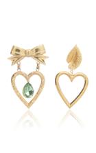 Rodarte Gold Dangle Heart Earrings With Bow Leaf And Swarovski Crystal Detail