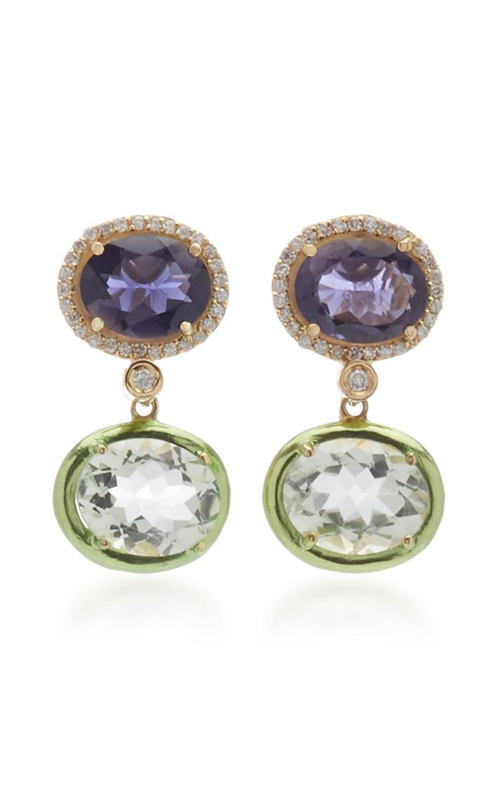 Carol Kauffmann 18k Gold, Iolite And Prasiolite And Diamond Earrings