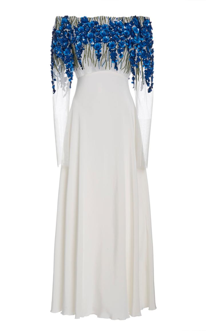 Moda Operandi Rodarte Floral Appliqued Tulle And Crepe Off-the-shoulder Midi Dress