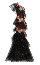 Raisa Vanessa Strass Embellished One Shoulder Ruffled Dress With Floral Embroidery