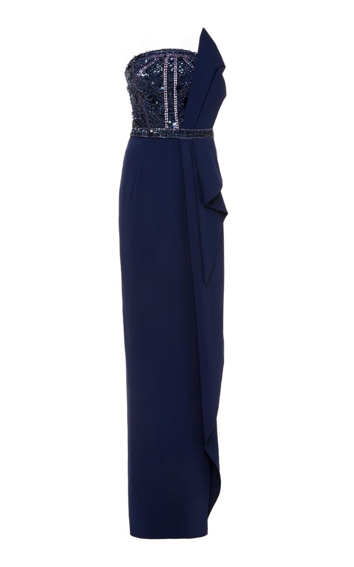 Pamella Roland Strapless Stretch Crepe Gown With Geometric Floral Embroidered Bodice