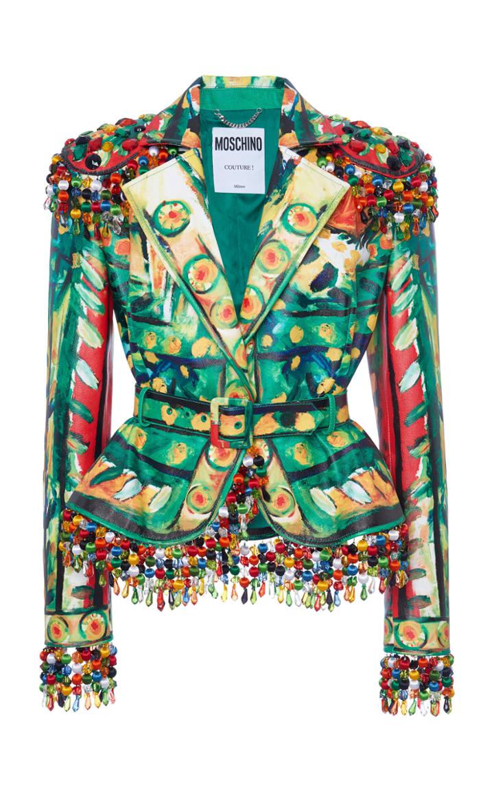Moda Operandi Moschino Printed Embroidered Leather Jacket Size: 36