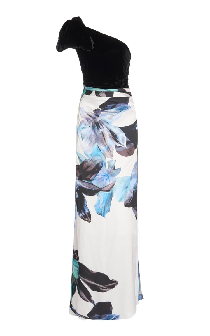 Moda Operandi Costarellos Permilla Velvet-detailed Floral Satin One-shoulder Gown