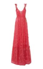 Rodarte Flamingo Glittered Flower-appliqud Chantilly Lace Gown