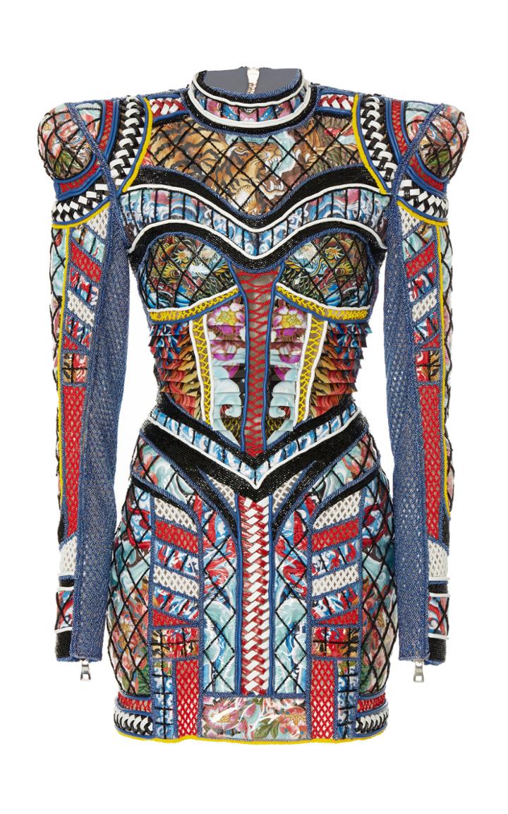 Balmain Structured Shoulder Embroidered Jacquard Dress