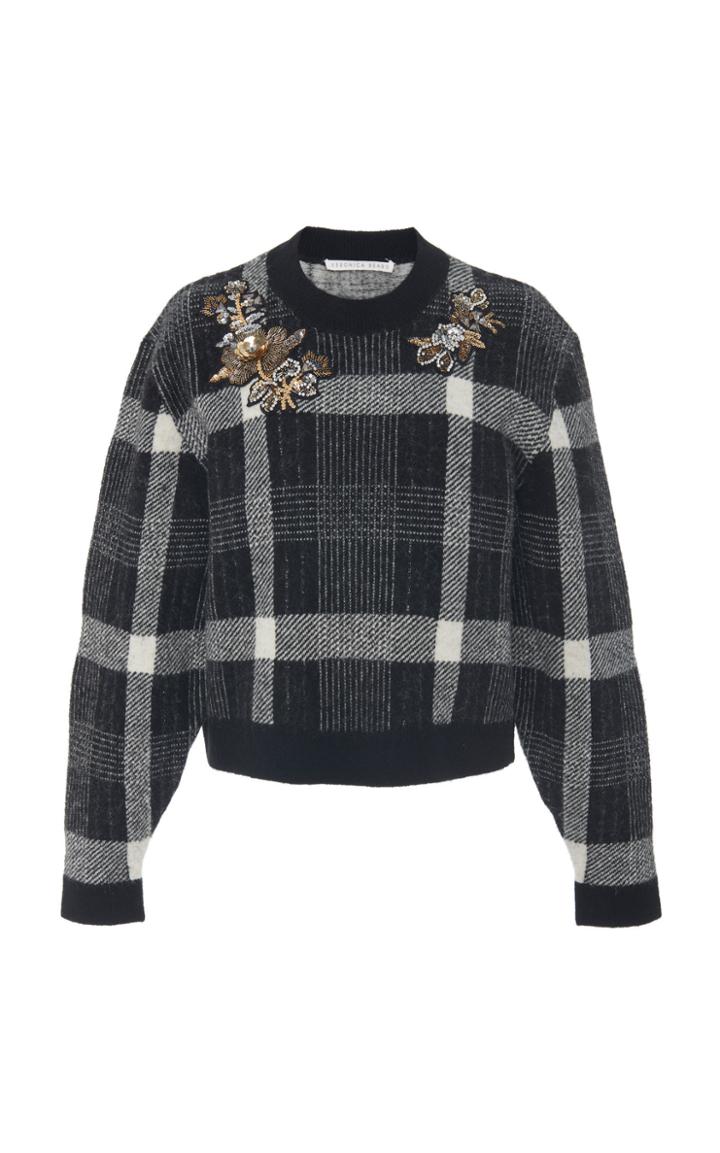 Veronica Beard Deana Sequin-embellished Floral Appliqu Plaid Sweater