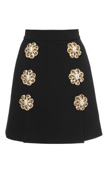 Dolce & Gabbana Wool Blend Crepe Mini Skirt With Floral Brooch Embellishment
