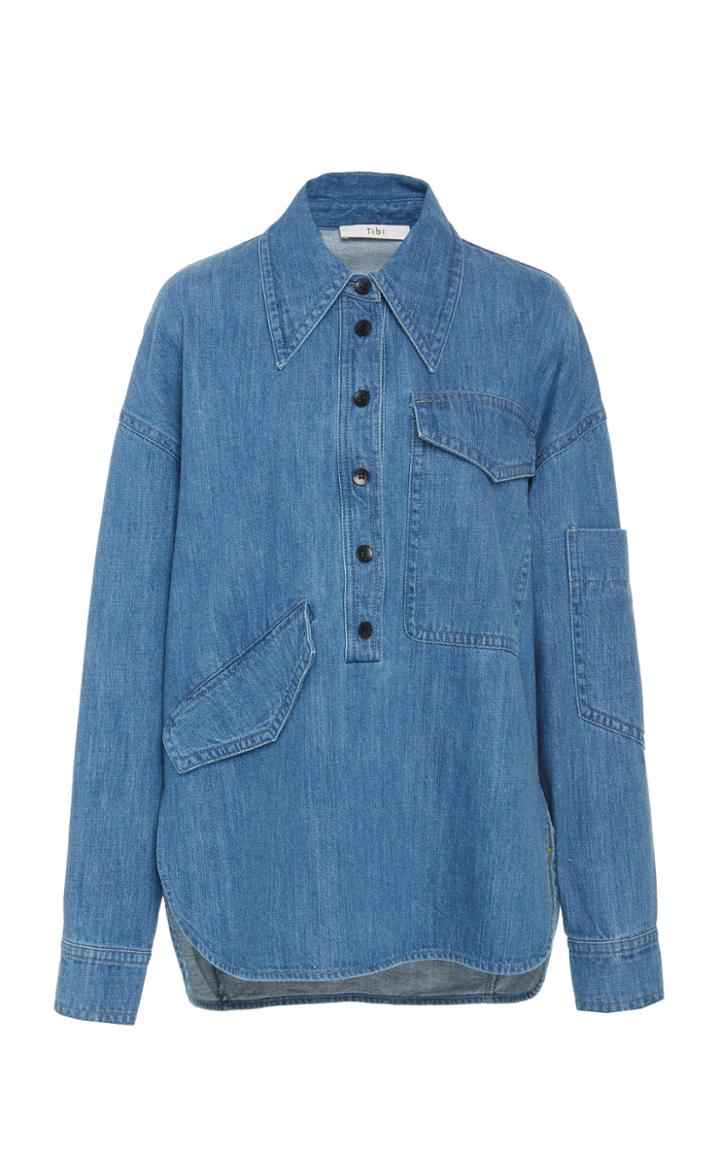 Tibi Stone Enzyme Denim Oversized Cocoon Shirt