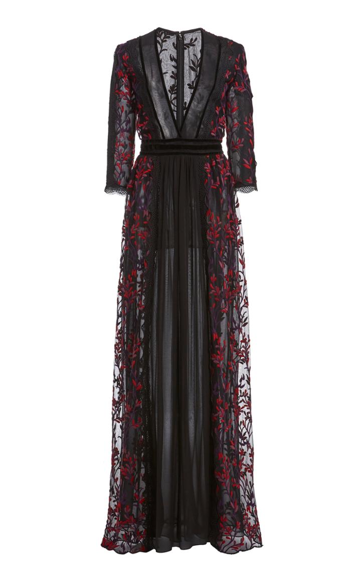 Moda Operandi Costarellos Aldith Velvet-trimmed Embroidered Silk Chiffon Gown