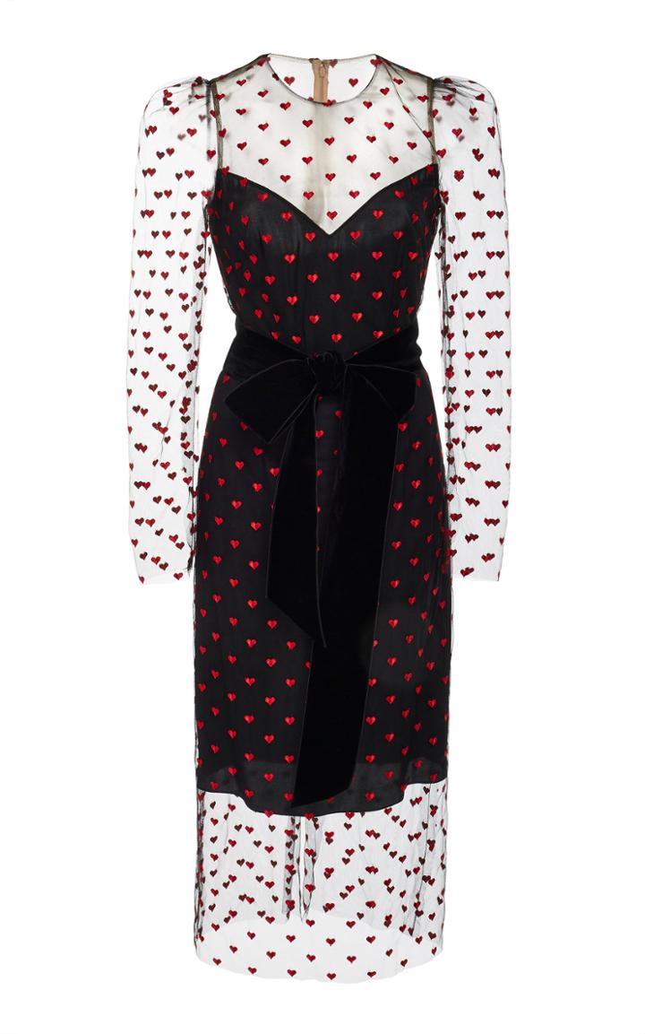 Monique Lhuillier Sheer Long Sleeve Midi Dress With Heart Print