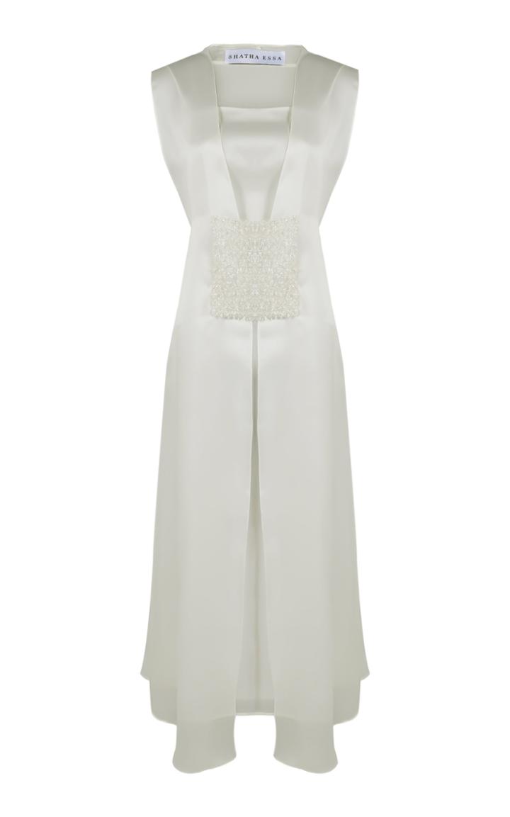 Shatha Essa Blanc Sleeveless Cape With Crop Top And Pant