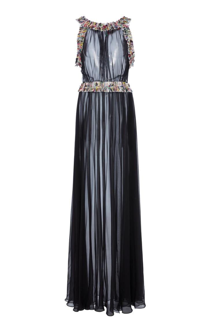 Christian Siriano Black Sheer Chiffon Gown With Tweed Trim