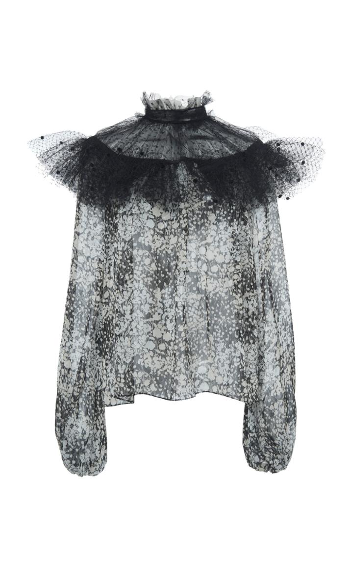 Giambattista Valli Swiss Dot-trimmed Floral Print Silk Chiffon Blouse