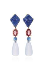 Sorab & Roshi Carved Sapphire Earrings With Detachable Pink Tourmaline Cabochon Sapphire & Blue Chalcedony Drops