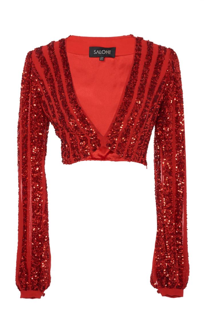 Saloni Camille Cropped Sequined Silk-chiffon Top