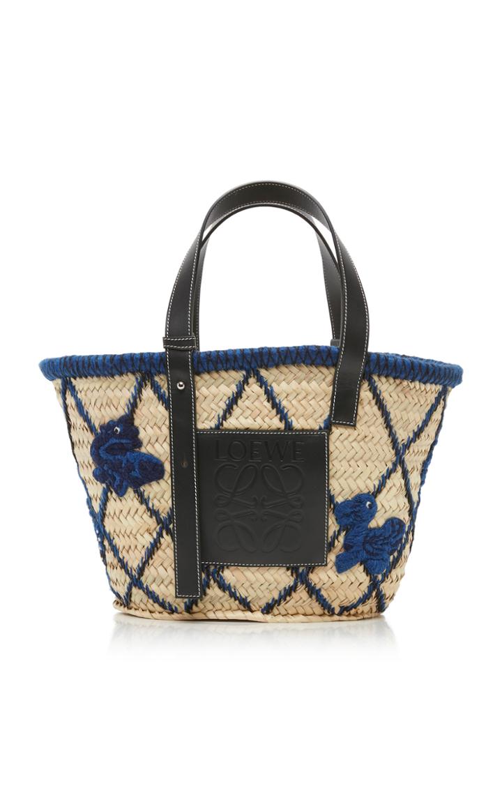 Loewe Leather-trimmed Embroidered Straw Tote