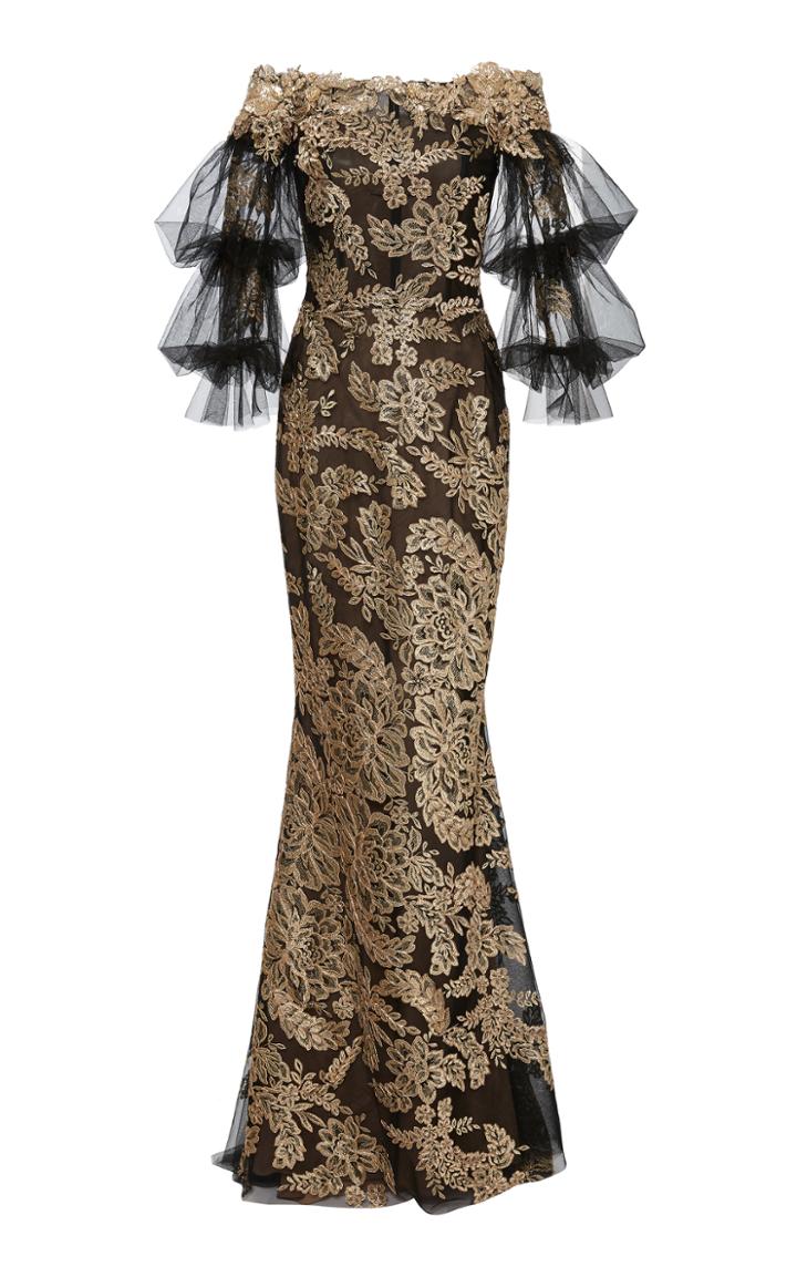 Marchesa Off The Shoulder Metallic Gown