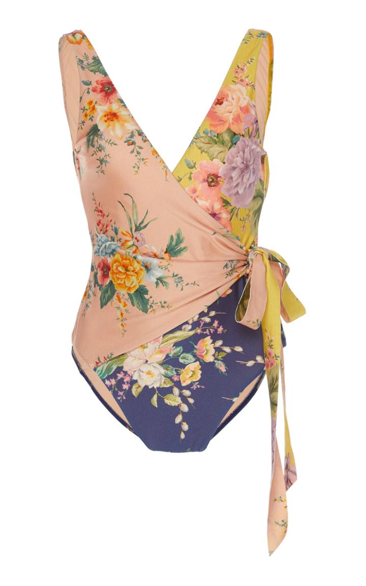 Zimmermann Zinnia Wrap-effect Floral-print Swimsuit Size: 1