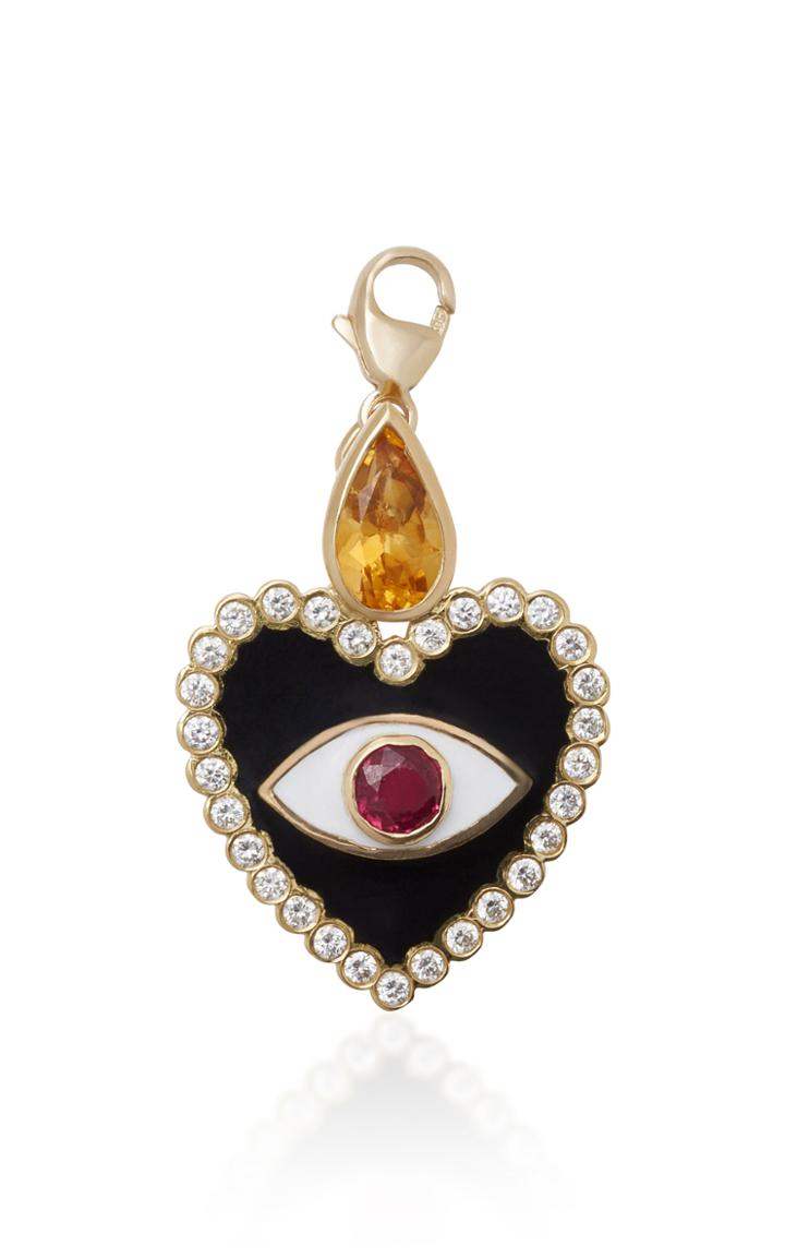 Holly Dyment Heart Enamel Evil Eye Charm With Gemfields Emerald White Diamonds And Citrine