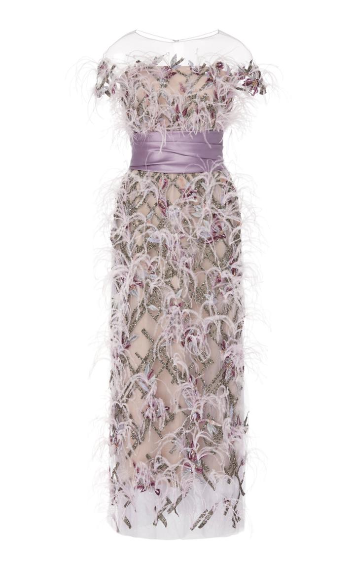 Marchesa Ostrich Feather And Crystal-embellished Tulle Midi Dress