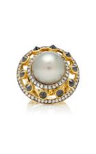 Ara Vartanian 18k Yellow Gold Ring With Grey Pearl 1.79ct Black And 1ct White Diamonds
