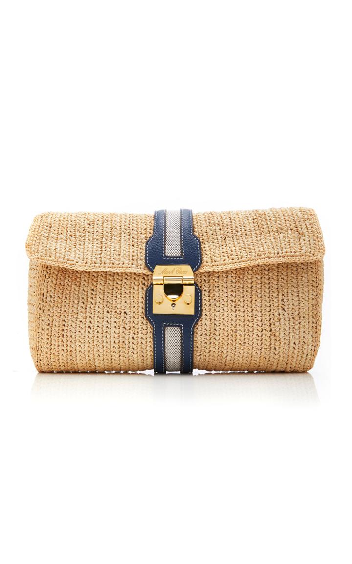 Mark Cross Sylvette Grain Leather-trimmed Raffia Clutch