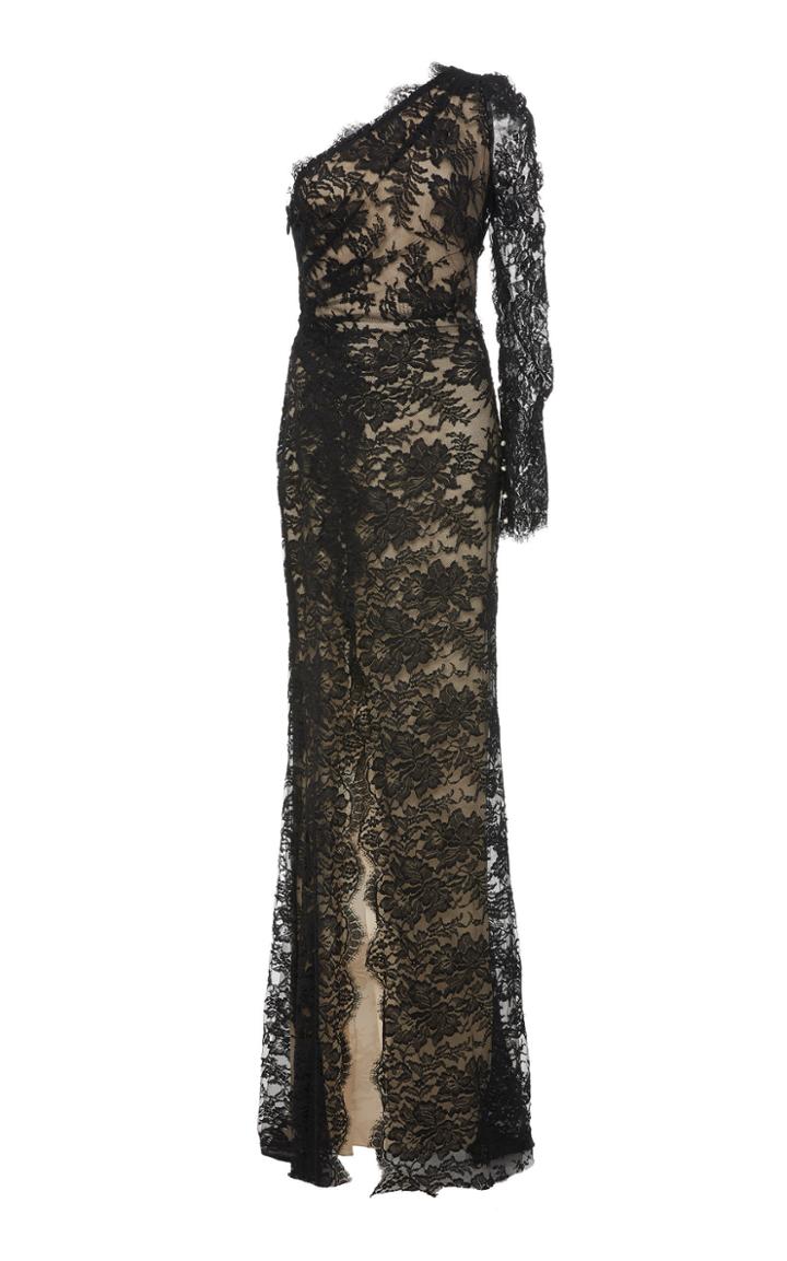 Monique Lhuillier One-shoulder Front Slit Floral Lace Gown