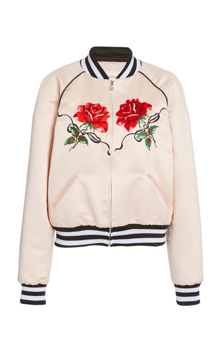 Moda Operandi Rodarte Light Pink Satin Rose Embroidered Bomber Jacket