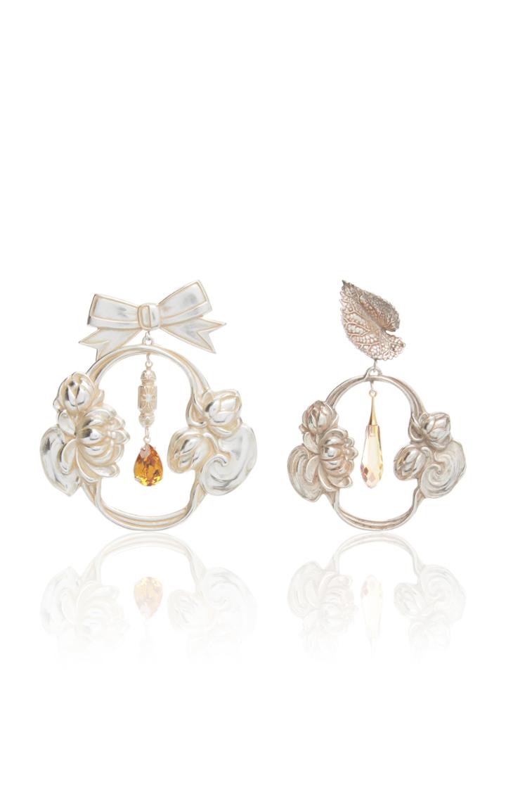 Rodarte Silver Bow And Leaf Baroque Earrings With Swarovski Crystal Details