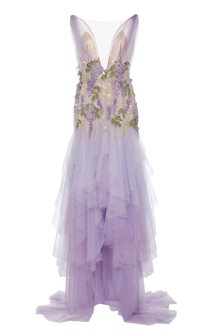 Moda Operandi Marchesa Asymmetric Embroidered Chiffon Dress Size: 2