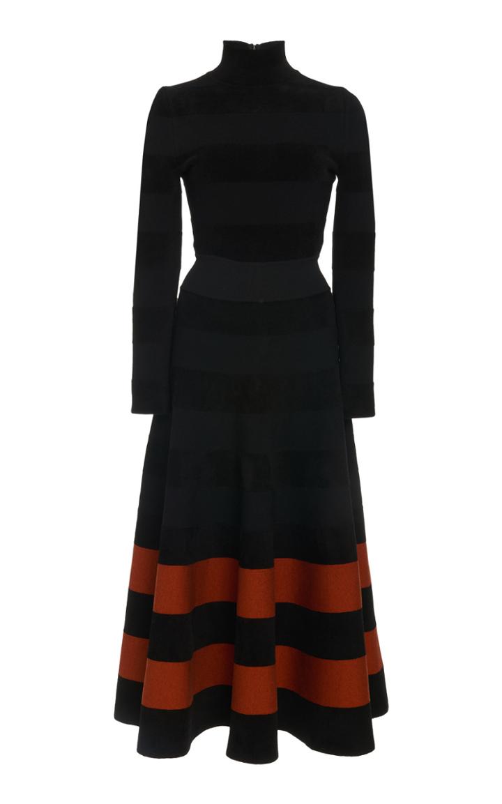 Oscar De La Renta High-necked Striped Chenille Midi Dress