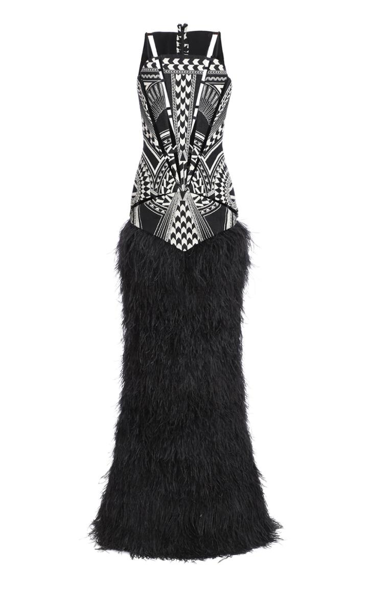 Balmain Printed Feather-trim Gown