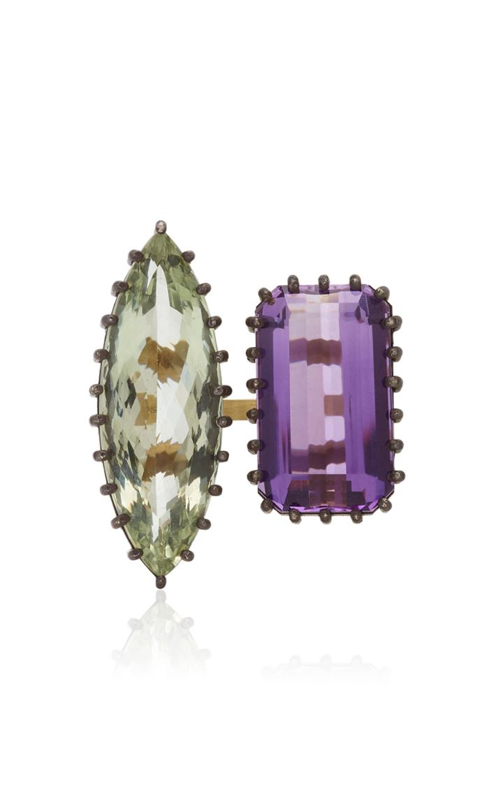 Moda Operandi Lfrank One Of A Kind 18k Yellow Gold Amethyst And Green Quartz Ring