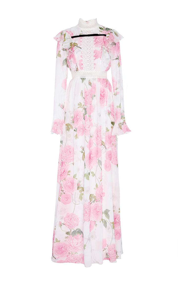 Giambattista Valli Georgette Rose Printed Ruffled Maxi Dress