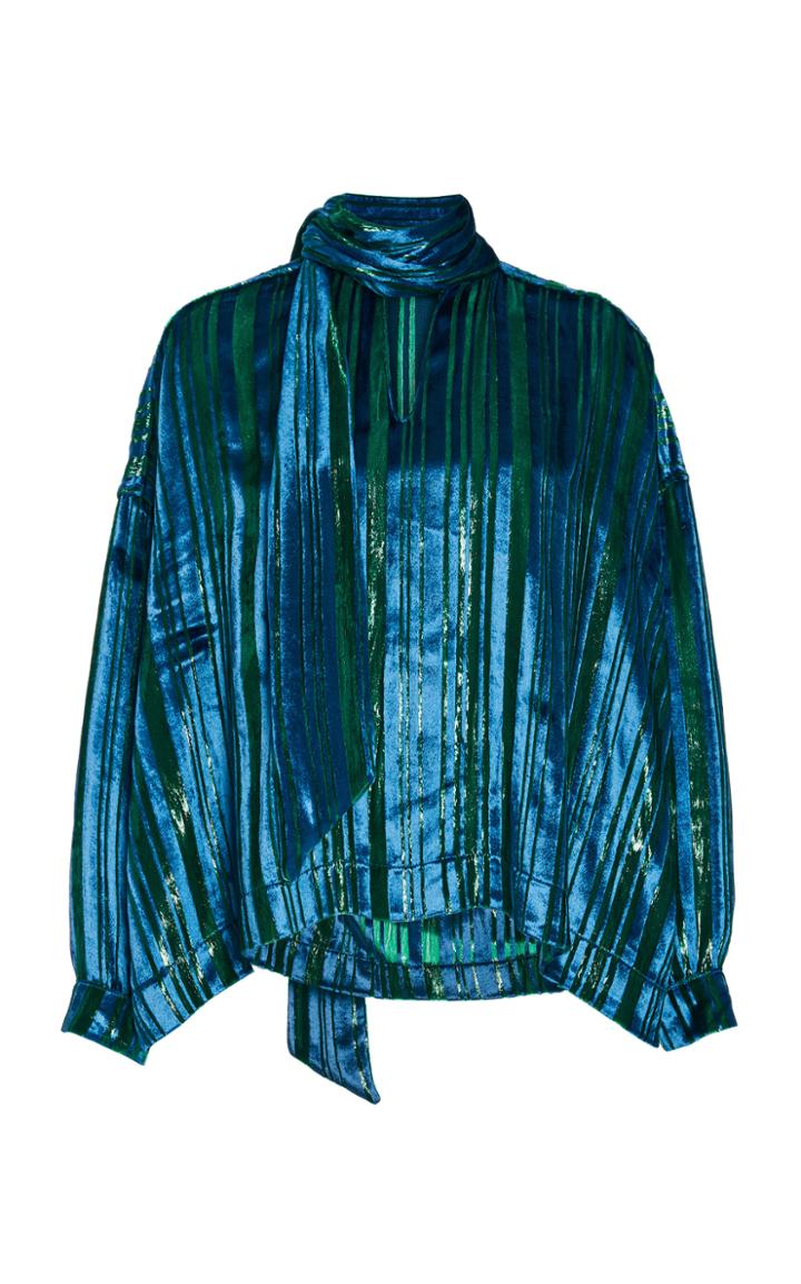 Moda Operandi Libertine Green Lines Velvet Tie-neck Top