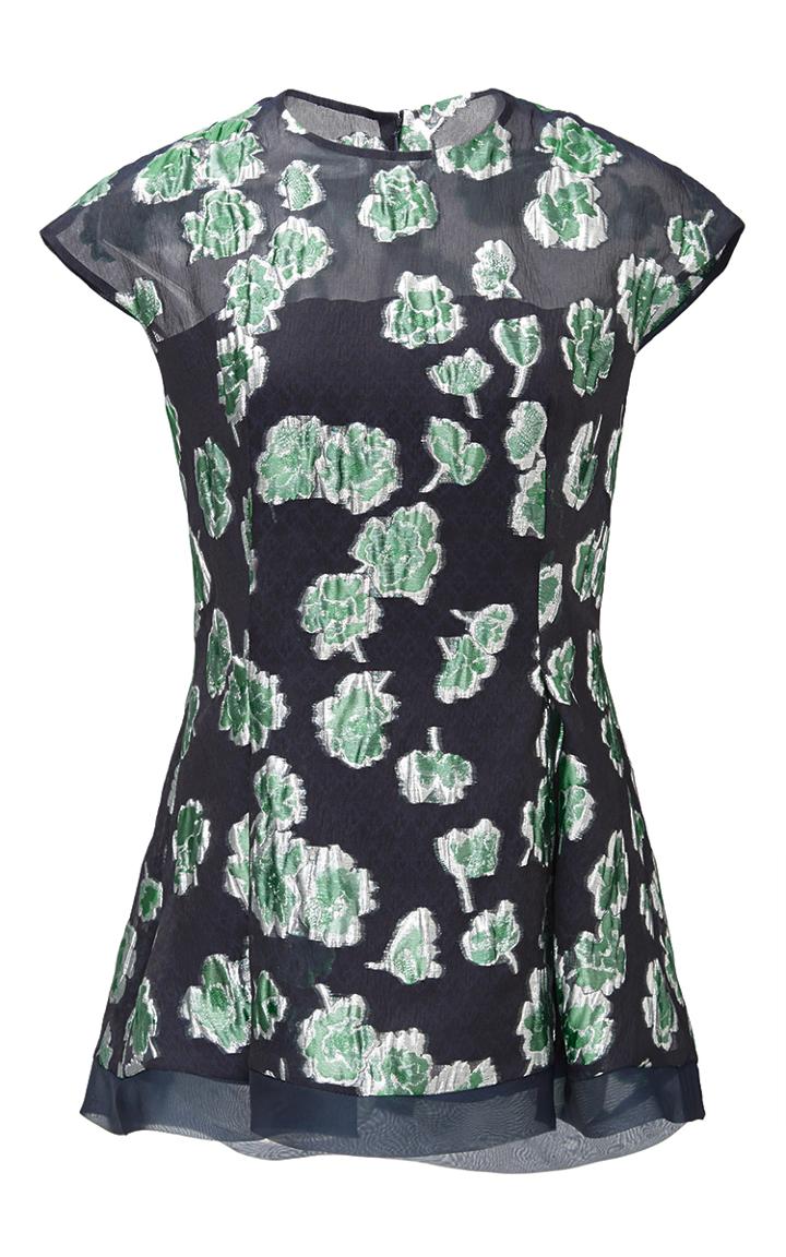 Lela Rose Green Floral Fil Coup Peplum Top